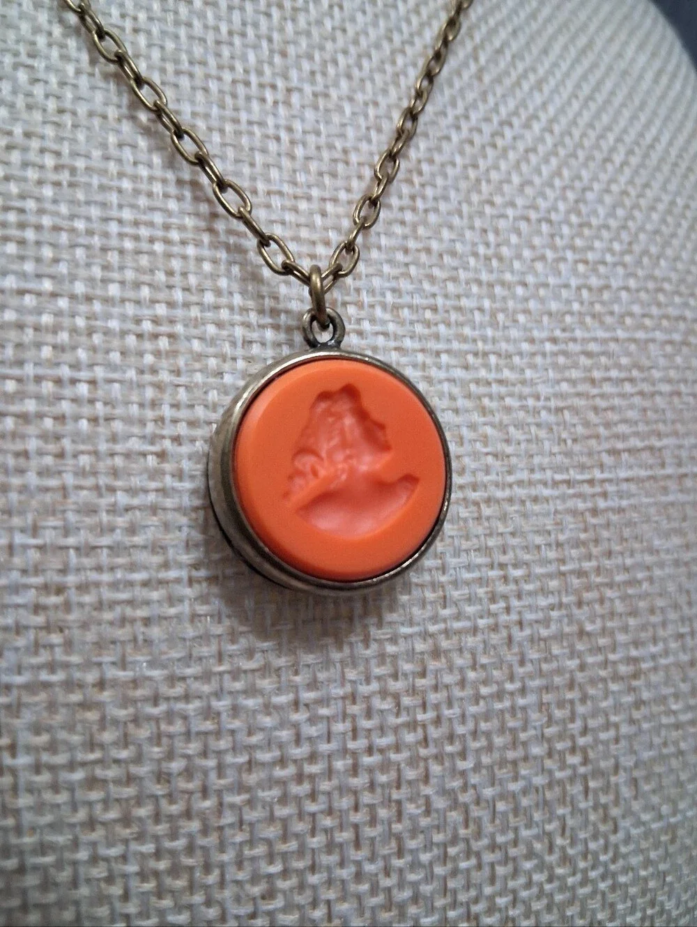 Vintage EXTASIA Intaglio Cameo Necklace Orange Coral Opaque Glass Artisan Made